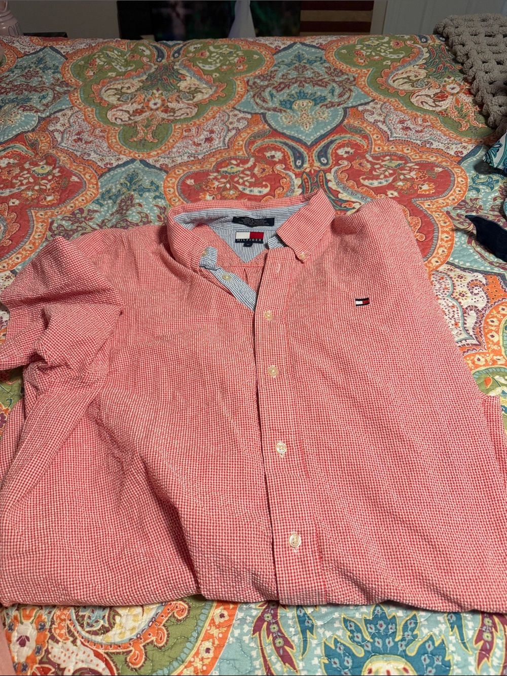 Tommy Hilfiger Men's Coral Red Mini-Check Button-Down Shirt